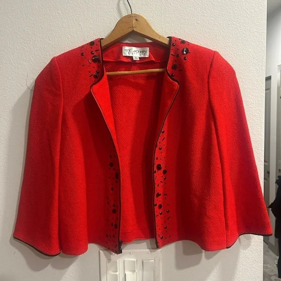 St. John Collection Red Santana Knit Embellished Jacket Size 4
